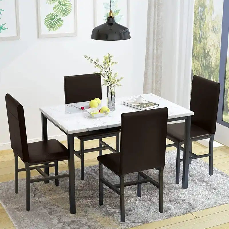 Set da pranzo 5 pezzi in simil marmo con 4 sedie imbottite in pelle PU