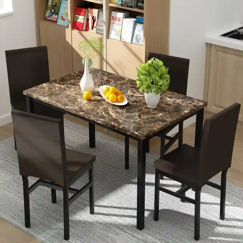 Set da pranzo 5 pezzi in simil marmo con 4 sedie imbottite in pelle PU