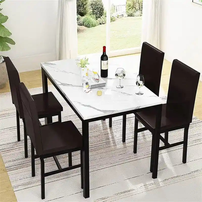 Set da pranzo 5 pezzi in simil marmo con 4 sedie imbottite in pelle PU