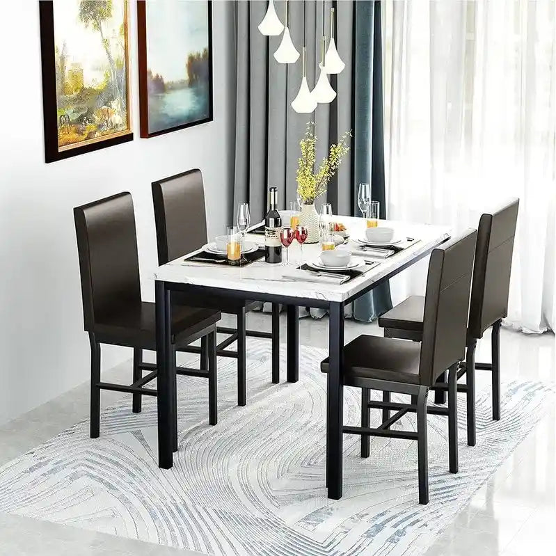 Set da pranzo 5 pezzi in simil marmo con 4 sedie imbottite in pelle PU