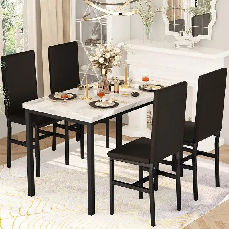 Set da pranzo 5 pezzi in simil marmo con 4 sedie imbottite in pelle PU