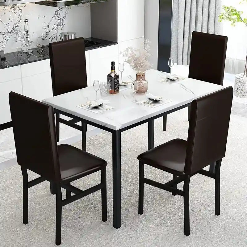 Set da pranzo 5 pezzi in simil marmo con 4 sedie imbottite in pelle PU