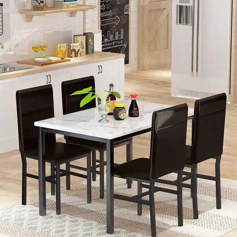 Set da pranzo 5 pezzi in simil marmo con 4 sedie imbottite in pelle PU