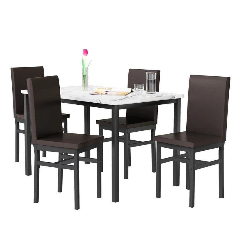 Set da pranzo 5 pezzi in simil marmo con 4 sedie imbottite in pelle PU