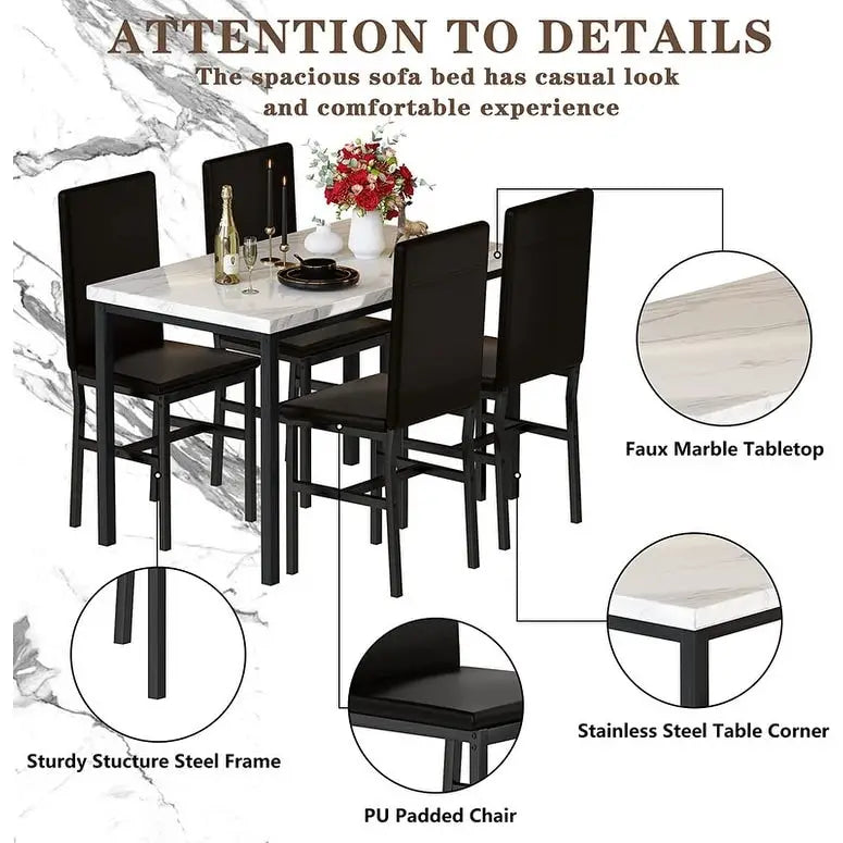 Set da pranzo 5 pezzi in simil marmo con 4 sedie imbottite in pelle PU