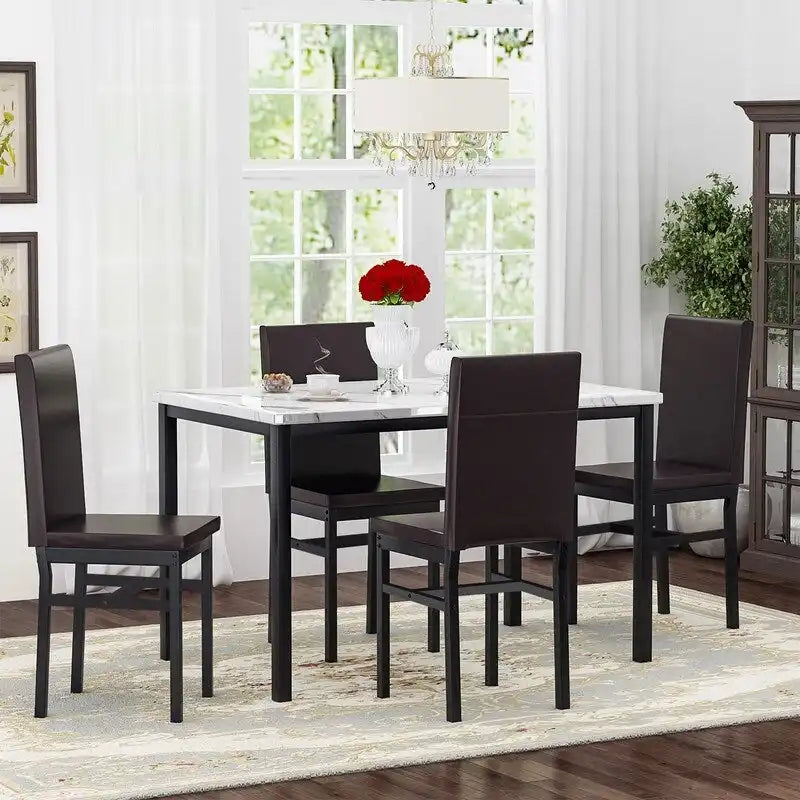 Set da pranzo 5 pezzi in simil marmo con 4 sedie imbottite in pelle PU