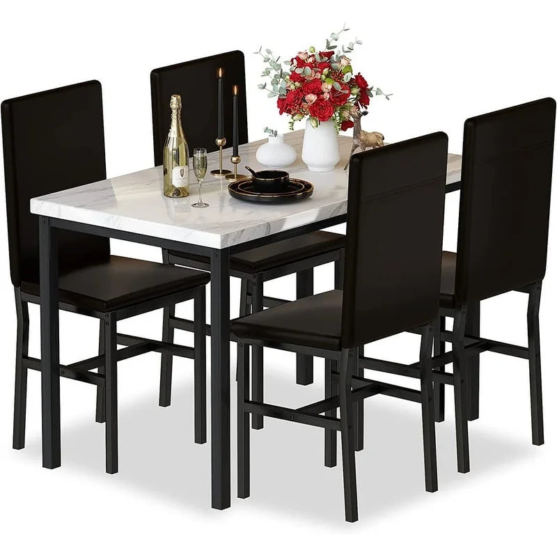 Set da pranzo 5 pezzi in simil marmo con 4 sedie imbottite in pelle PU