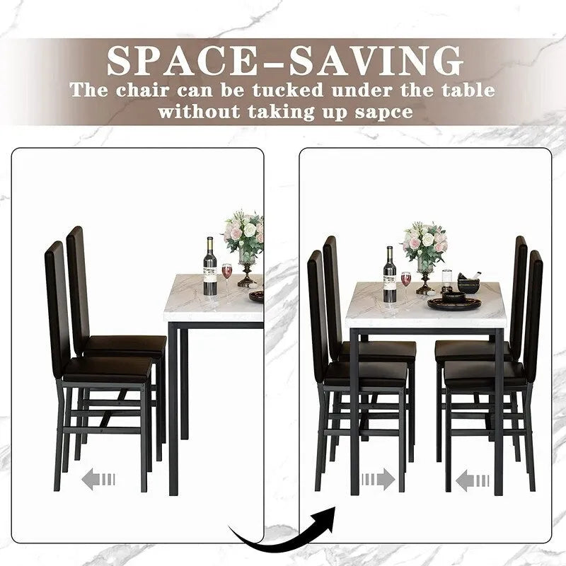 Set da pranzo 5 pezzi in simil marmo con 4 sedie imbottite in pelle PU