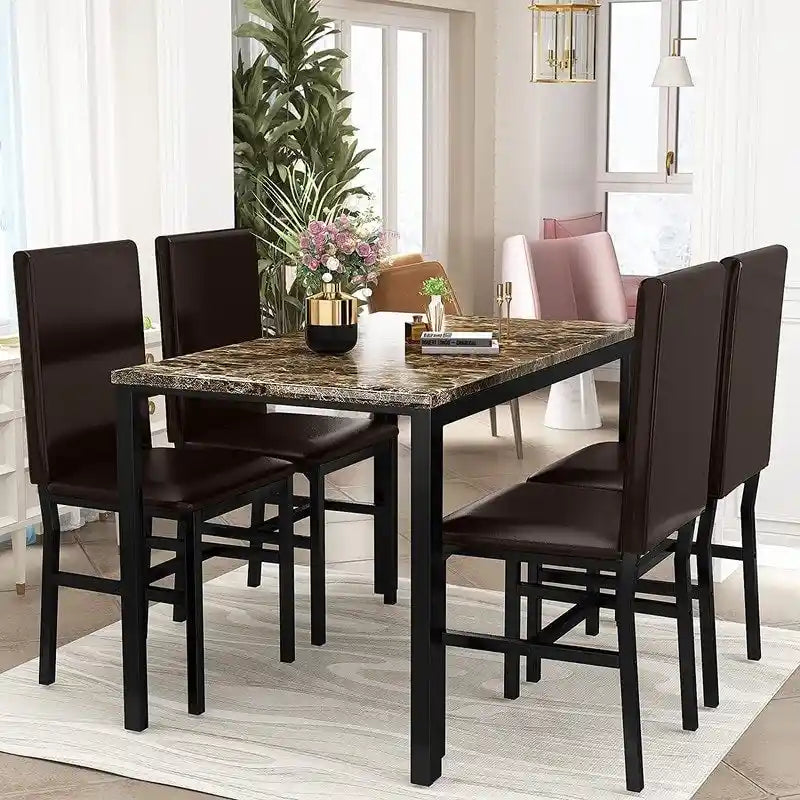 Set da pranzo 5 pezzi in simil marmo con 4 sedie imbottite in pelle PU