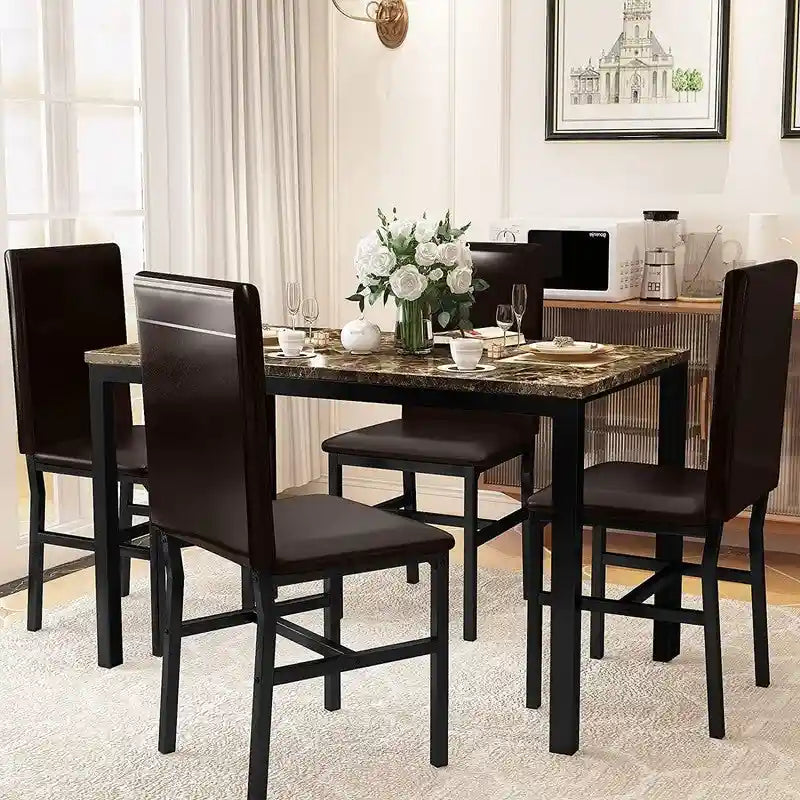 Set da pranzo 5 pezzi in simil marmo con 4 sedie imbottite in pelle PU