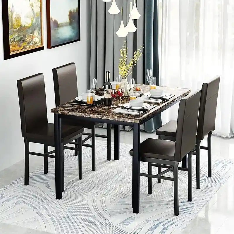 Set da pranzo 5 pezzi in simil marmo con 4 sedie imbottite in pelle PU