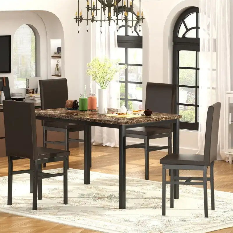 Set da pranzo 5 pezzi in simil marmo con 4 sedie imbottite in pelle PU