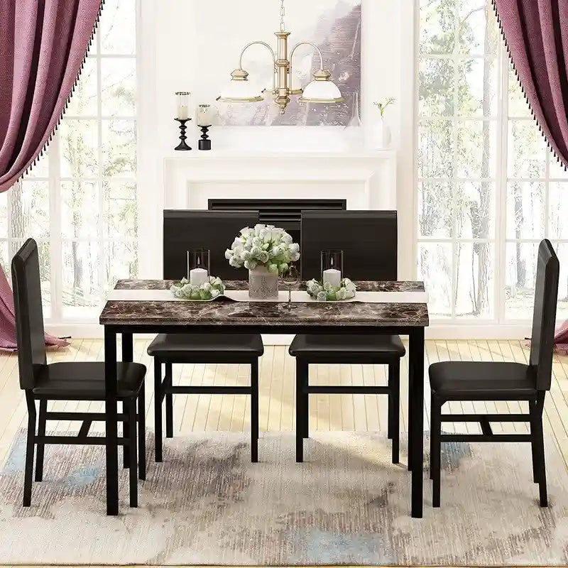 Set da pranzo 5 pezzi in simil marmo con 4 sedie imbottite in pelle PU