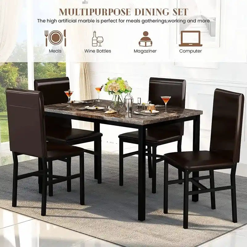 Set da pranzo 5 pezzi in simil marmo con 4 sedie imbottite in pelle PU
