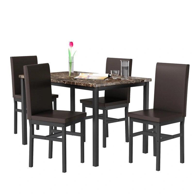 Set da pranzo 5 pezzi in simil marmo con 4 sedie imbottite in pelle PU