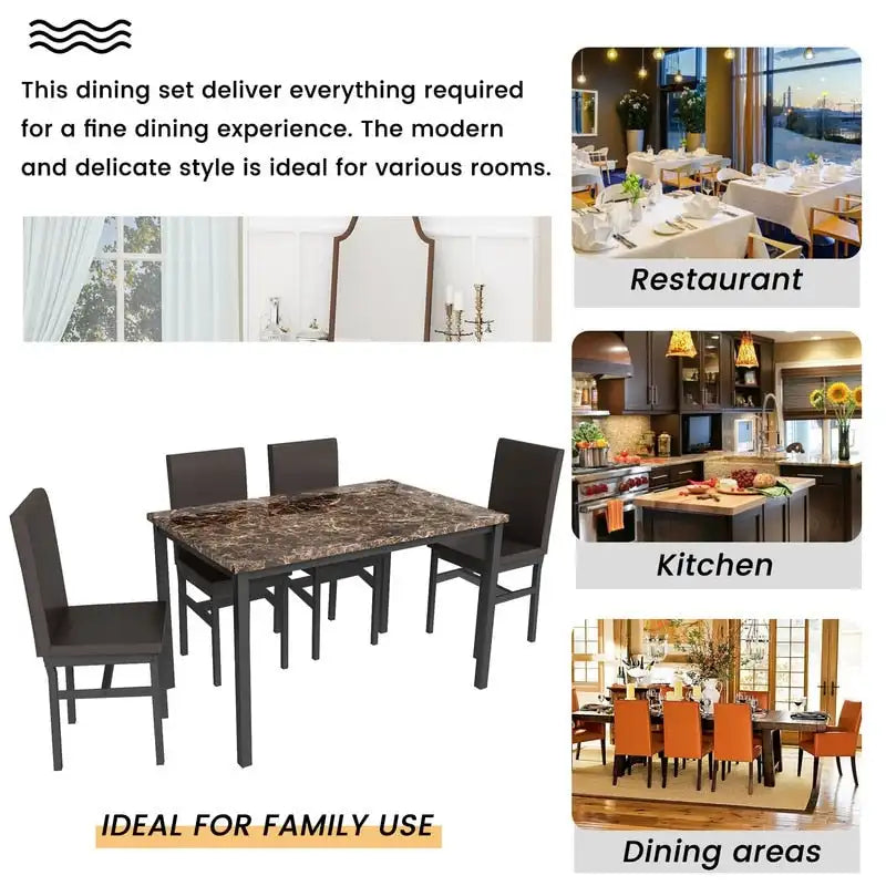 Set da pranzo 5 pezzi in simil marmo con 4 sedie imbottite in pelle PU