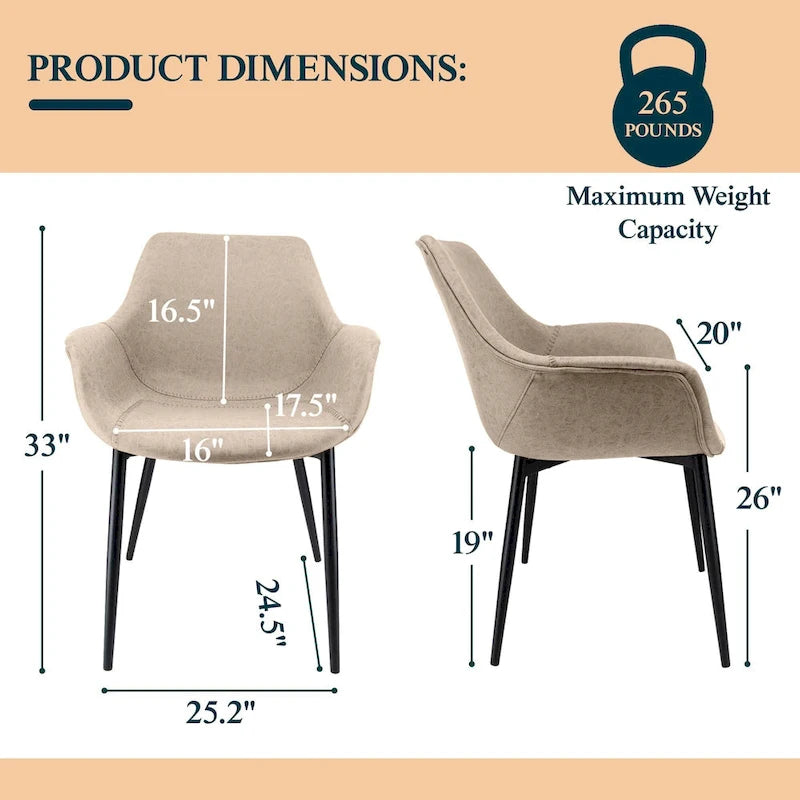 Sedia da pranzo con braccioli e gambe in metallo, confezione da 2 - Verde oliva - 62,2P x 64W x 83,8H cm