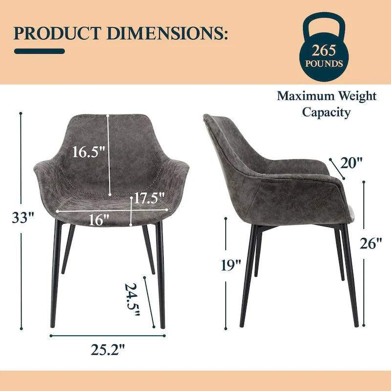 Sedia da pranzo con braccioli e gambe in metallo, confezione da 2 - Verde oliva - 62,2P x 64W x 83,8H cm