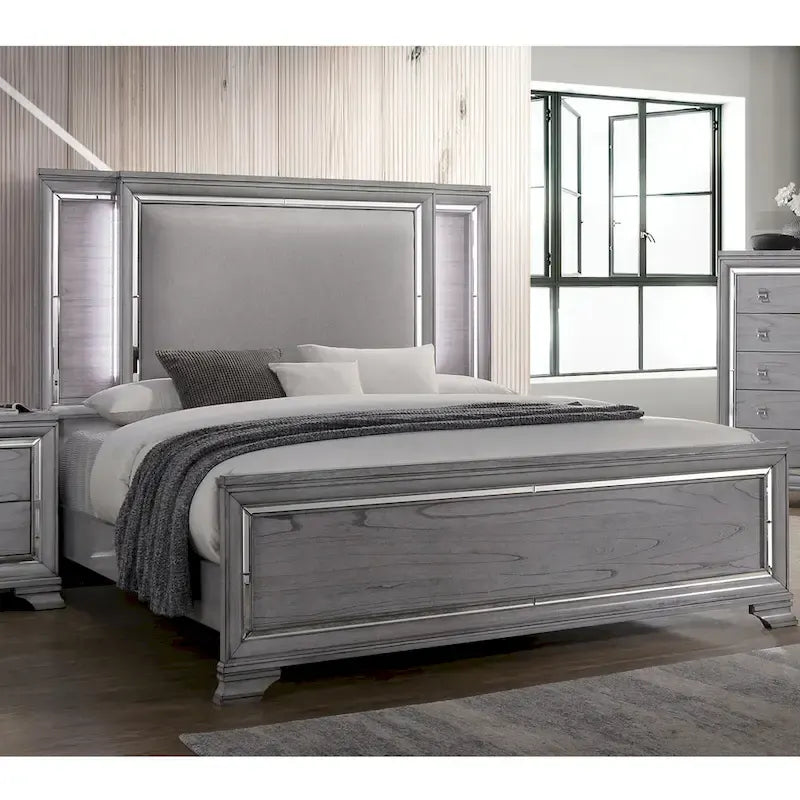 Letto a pannelli, comodino e cassettiera a 3 pezzi grigio contemporaneo con LED