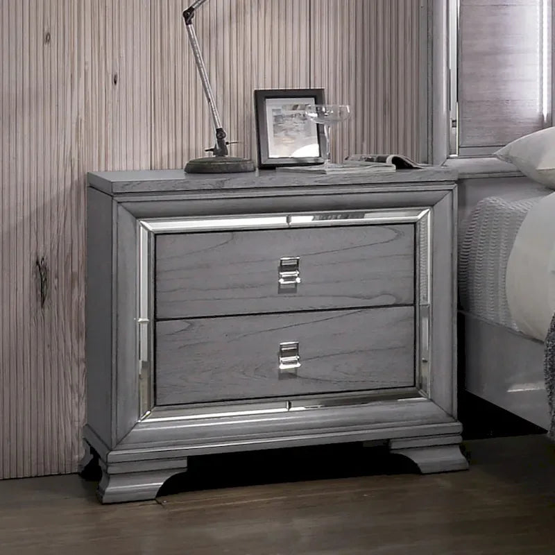 Letto a pannelli, comodino e cassettiera a 3 pezzi grigio contemporaneo con LED