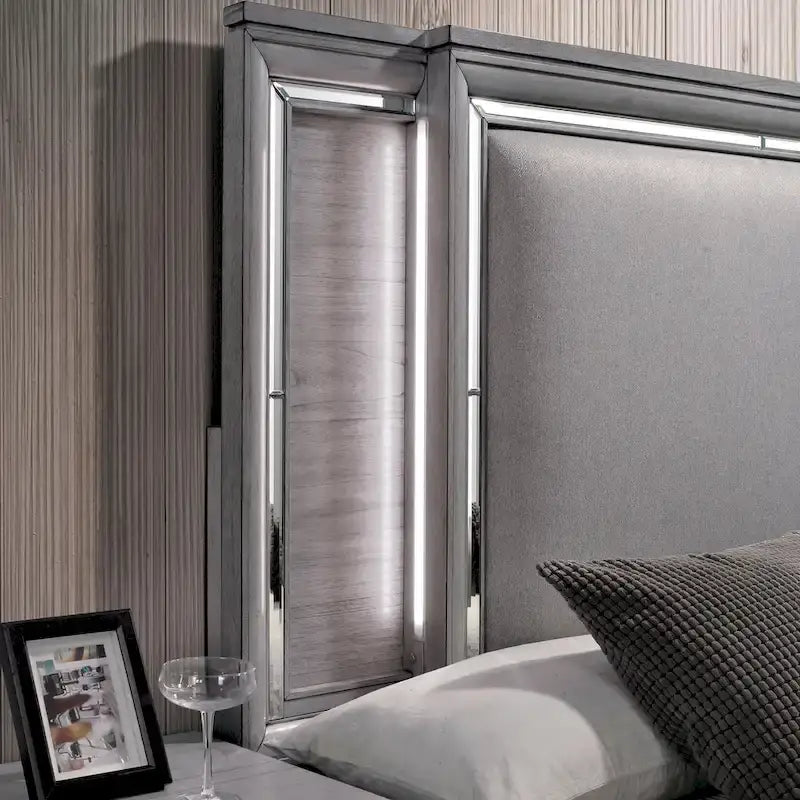 Letto a pannelli, comodino e cassettiera a 3 pezzi grigio contemporaneo con LED