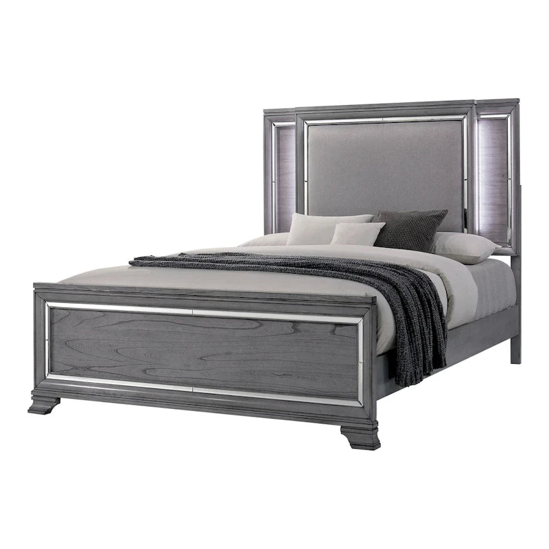 Letto a pannelli, comodino e cassettiera a 3 pezzi grigio contemporaneo con LED