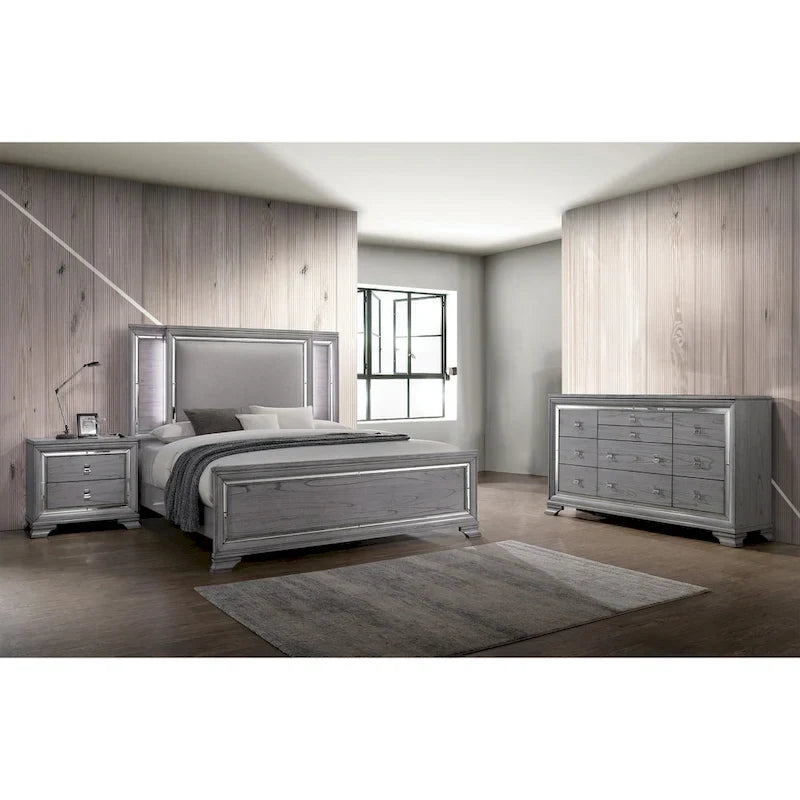 Letto a pannelli, comodino e cassettiera a 3 pezzi grigio contemporaneo con LED