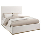 Letto King Size, Testiera a Pannello Imbottita, Base a Zoccolo Dorata, Avorio