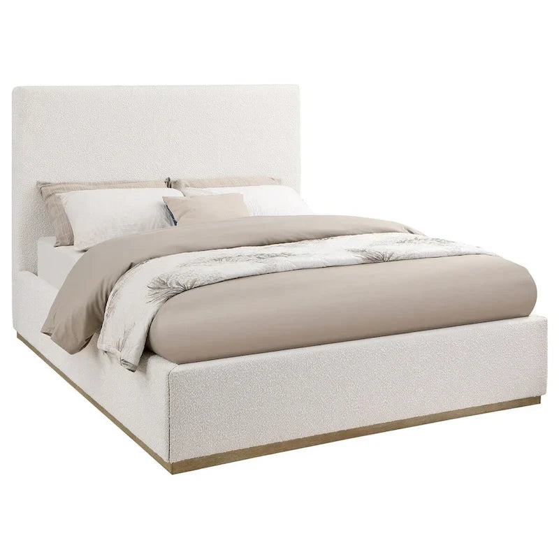 Letto King Size, Testiera a Pannello Imbottita, Base a Zoccolo Dorata, Avorio