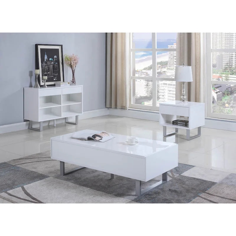 Tavolino rettangolare con 1 cassetto, bianco lucido