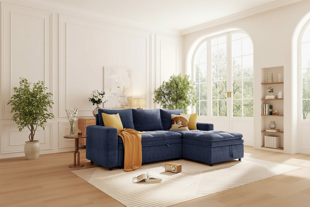 Divano letto angolare a L blu con contenitore, in morbido tessuto ciniglia
